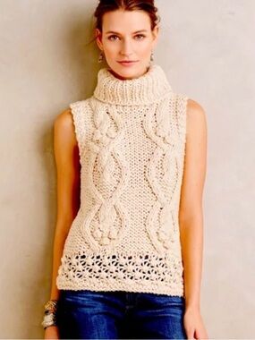 Anthropologie, Cream Cable-Detail Sleeveless Turtleneck Sweater